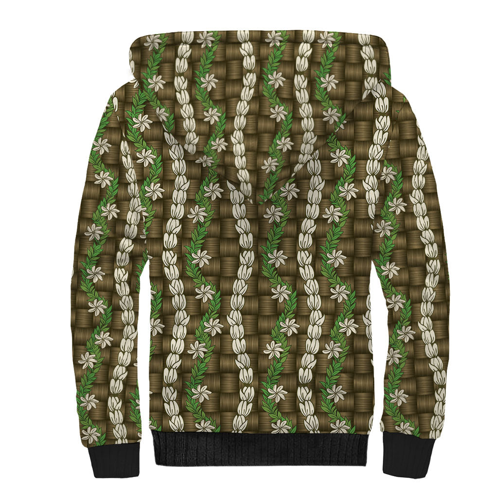 Pikake Maile Tiare Lei Sherpa Hoodie Natural Lauhala Pattern