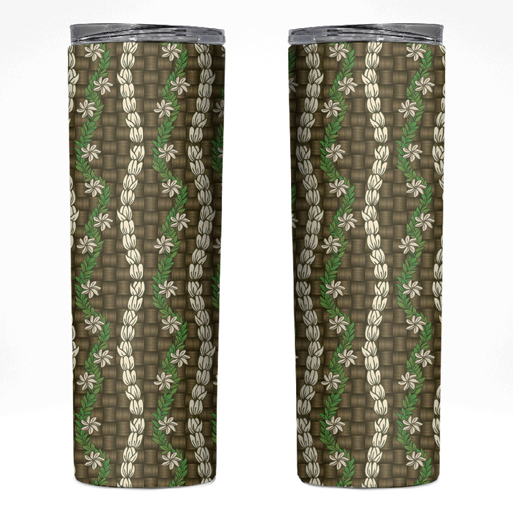 Pikake Maile Tiare Lei Skinny Tumbler Natural Lauhala Pattern LT01 Brown - Polynesian Pride