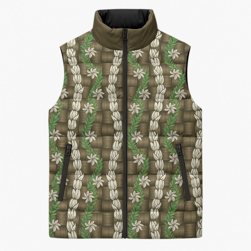 Pikake Maile Tiare Lei Sleeveless Puffer Jacket Natural Lauhala Pattern LT01 Unisex Brown - Polynesian Pride