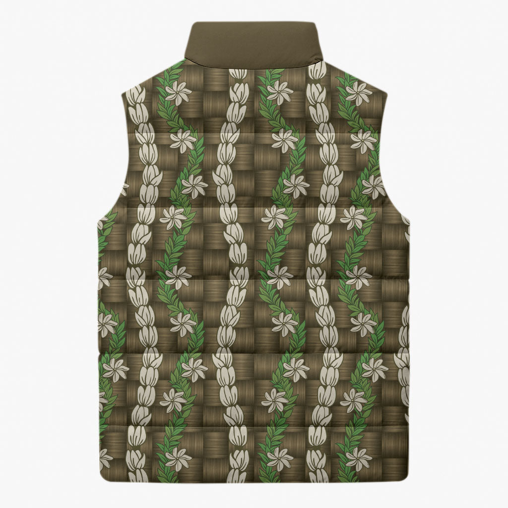 Pikake Maile Tiare Lei Sleeveless Puffer Jacket Natural Lauhala Pattern