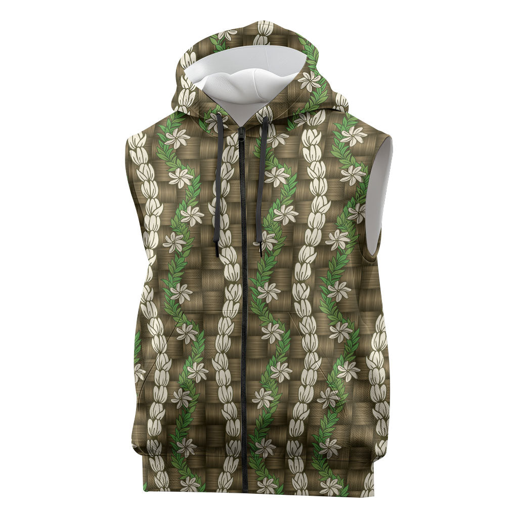 Pikake Maile Tiare Lei Sleeveless Zip Hoodie Natural Lauhala Pattern LT01 Brown - Polynesian Pride