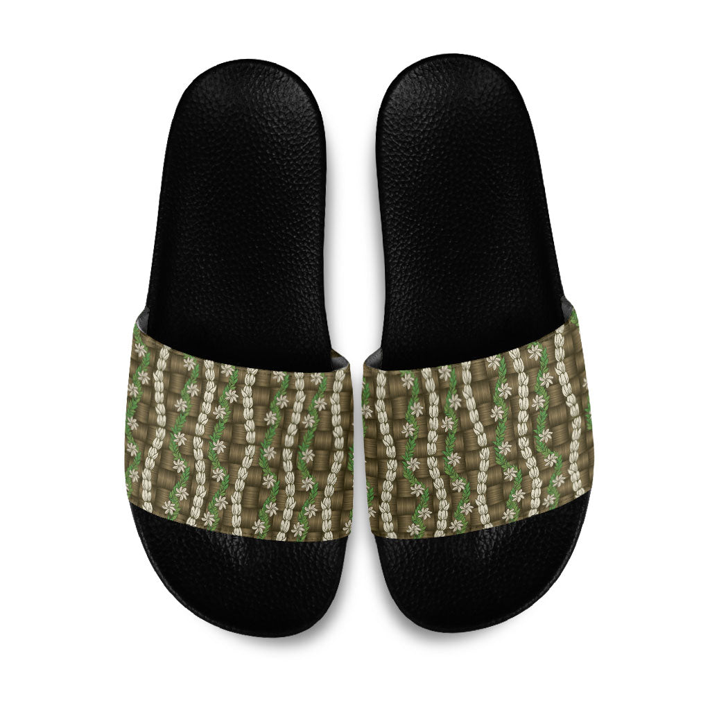 Pikake Maile Tiare Lei Slide Sandals Natural Lauhala Pattern LT01 Brown - Polynesian Pride