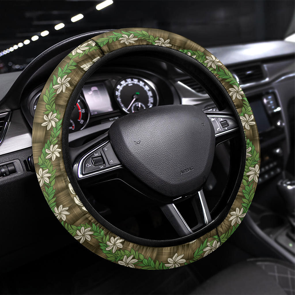 Pikake Maile Tiare Lei Steering Wheel Cover Natural Lauhala Pattern LT01 Universal Fit Brown - Polynesian Pride