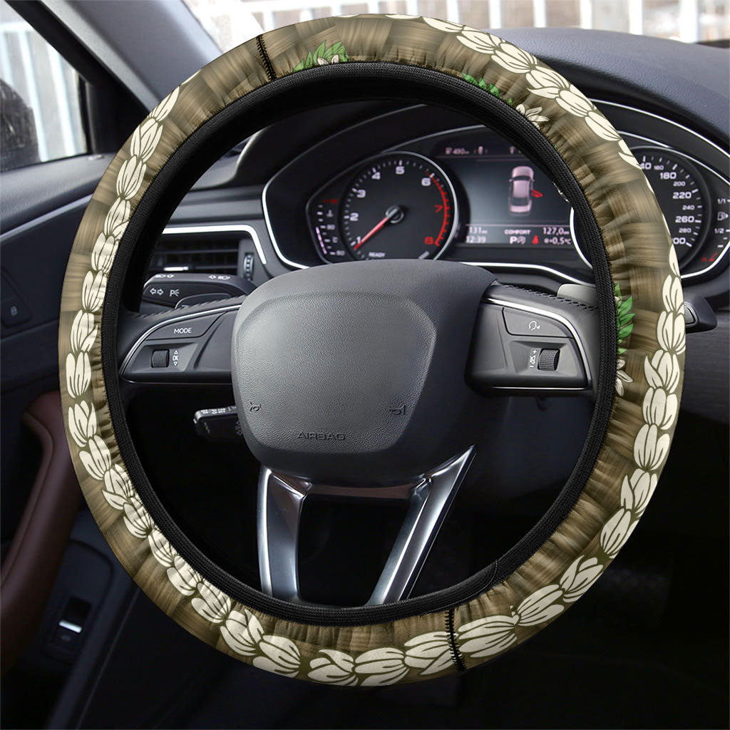 Pikake Maile Tiare Lei Steering Wheel Cover Natural Lauhala Pattern