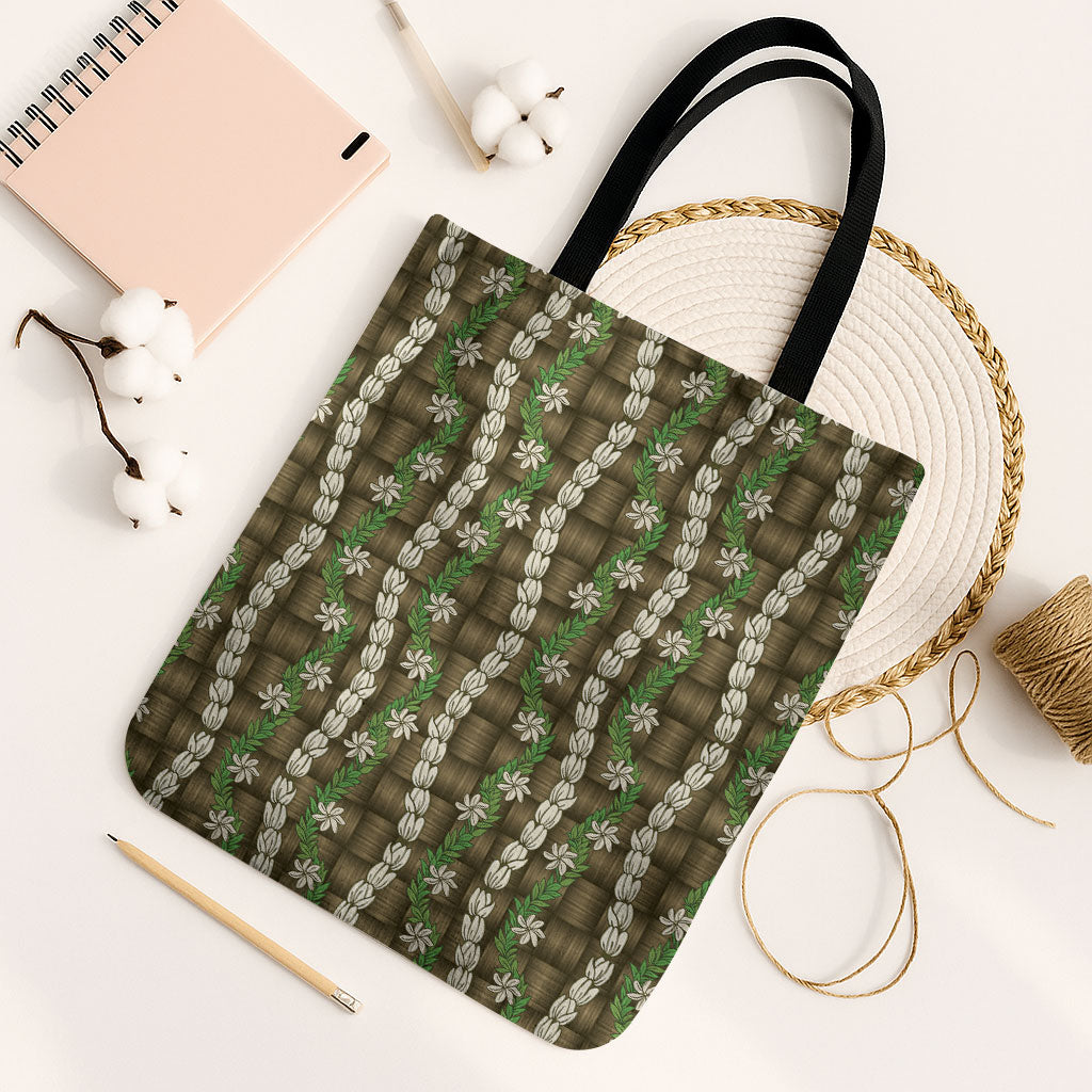 Pikake Maile Tiare Lei Tote Bag Natural Lauhala Pattern LT01 Black Strap One Size Brown - Polynesian Pride