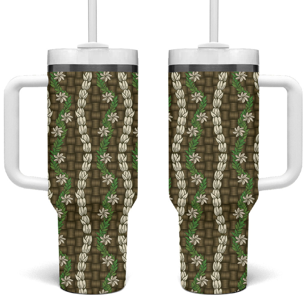 Pikake Maile Tiare Lei Tumbler With Handle Natural Lauhala Pattern LT01 One Size: 40 oz Brown - Polynesian Pride