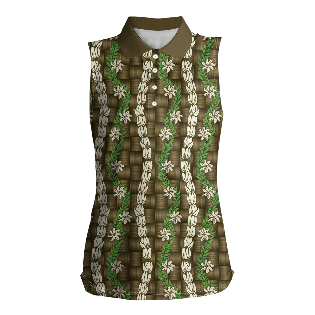 Pikake Maile Tiare Lei Women Sleeveless Polo Shirt Natural Lauhala Pattern LT01 Female Brown - Polynesian Pride