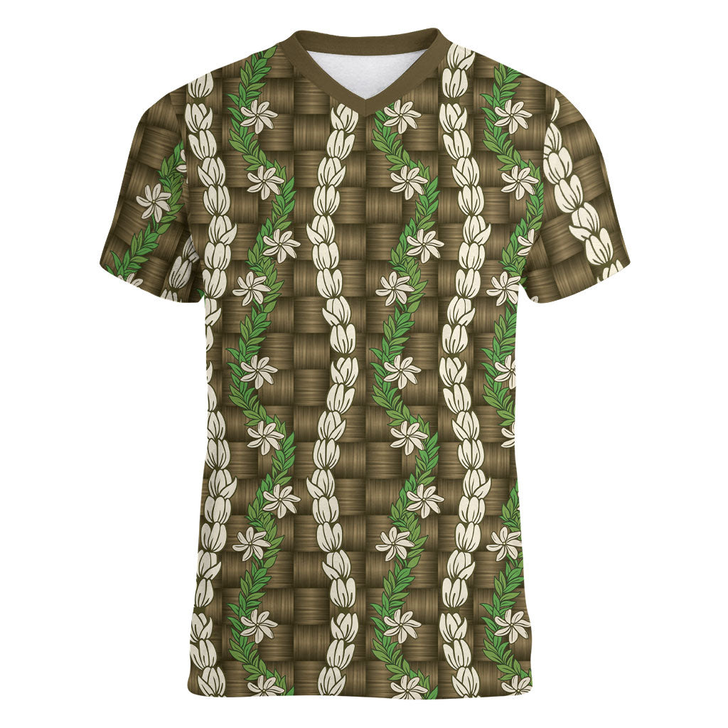 Pikake Maile Tiare Lei Women V-Neck T-Shirt Natural Lauhala Pattern LT01 Female Brown - Polynesian Pride