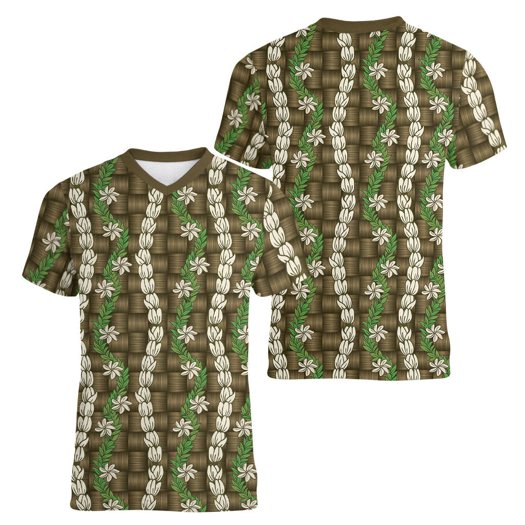 Pikake Maile Tiare Lei Women V-Neck T-Shirt Natural Lauhala Pattern