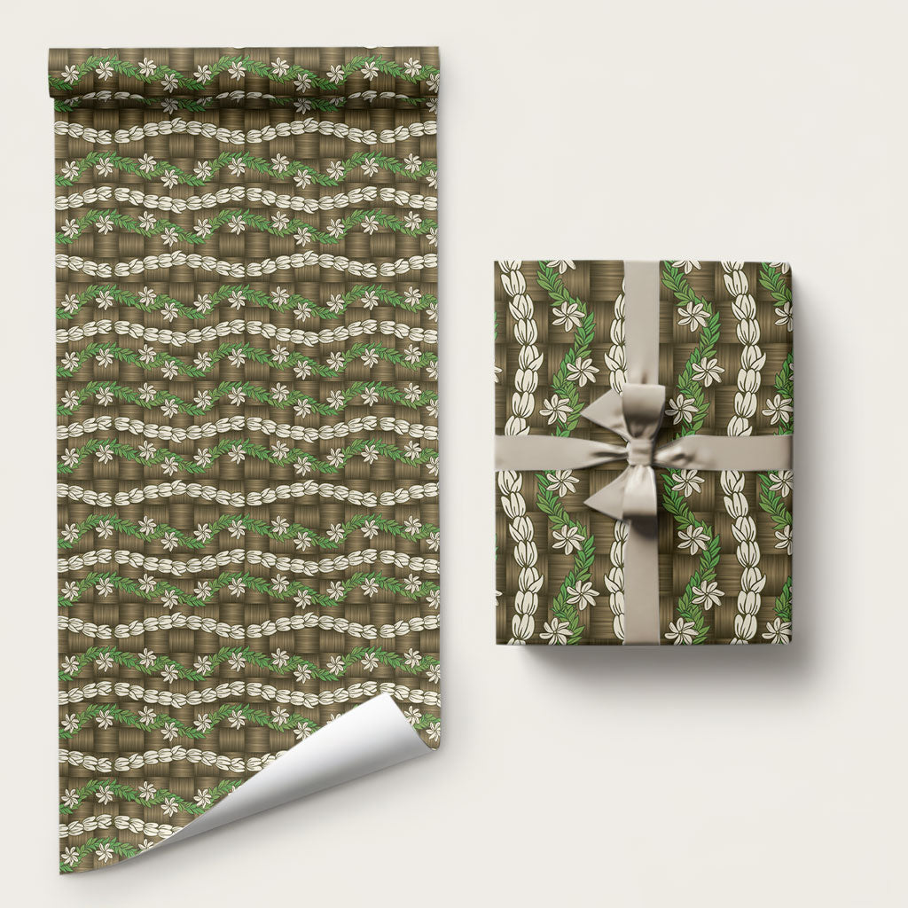Pikake Maile Tiare Lei Wrapping Paper Natural Lauhala Pattern LT01 58" × 23" Brown - Polynesian Pride