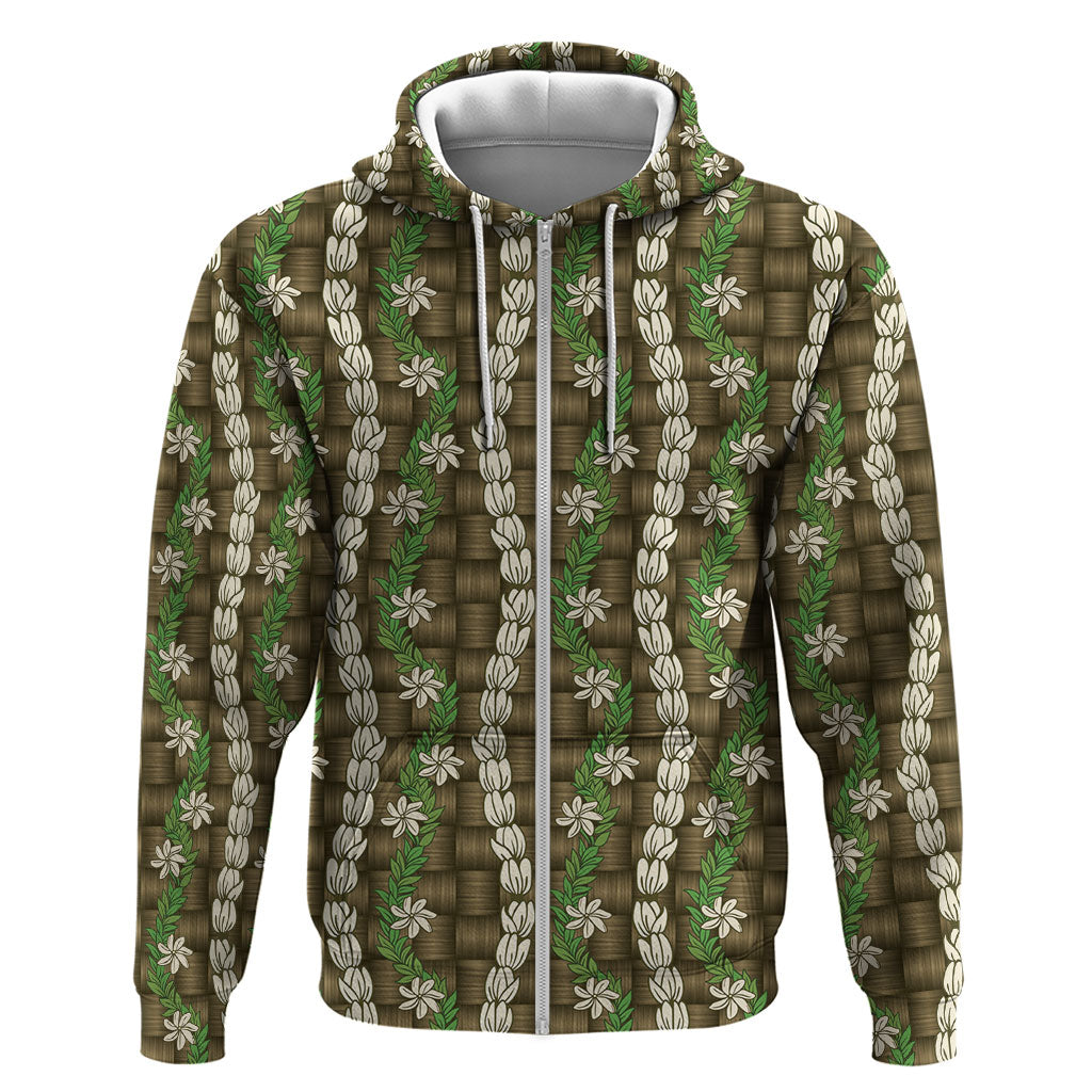 Pikake Maile Tiare Lei Zip Hoodie Natural Lauhala Pattern LT01 Zip Hoodie Brown - Polynesian Pride