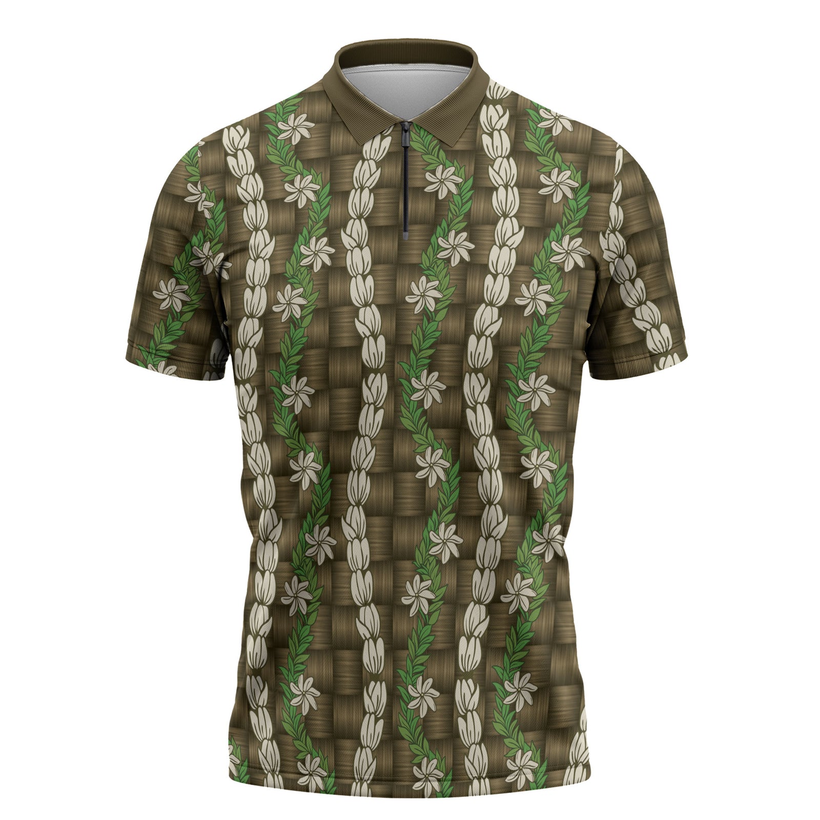 Pikake Maile Tiare Lei Zipper Polo Shirt Natural Lauhala Pattern LT01 Brown - Polynesian Pride