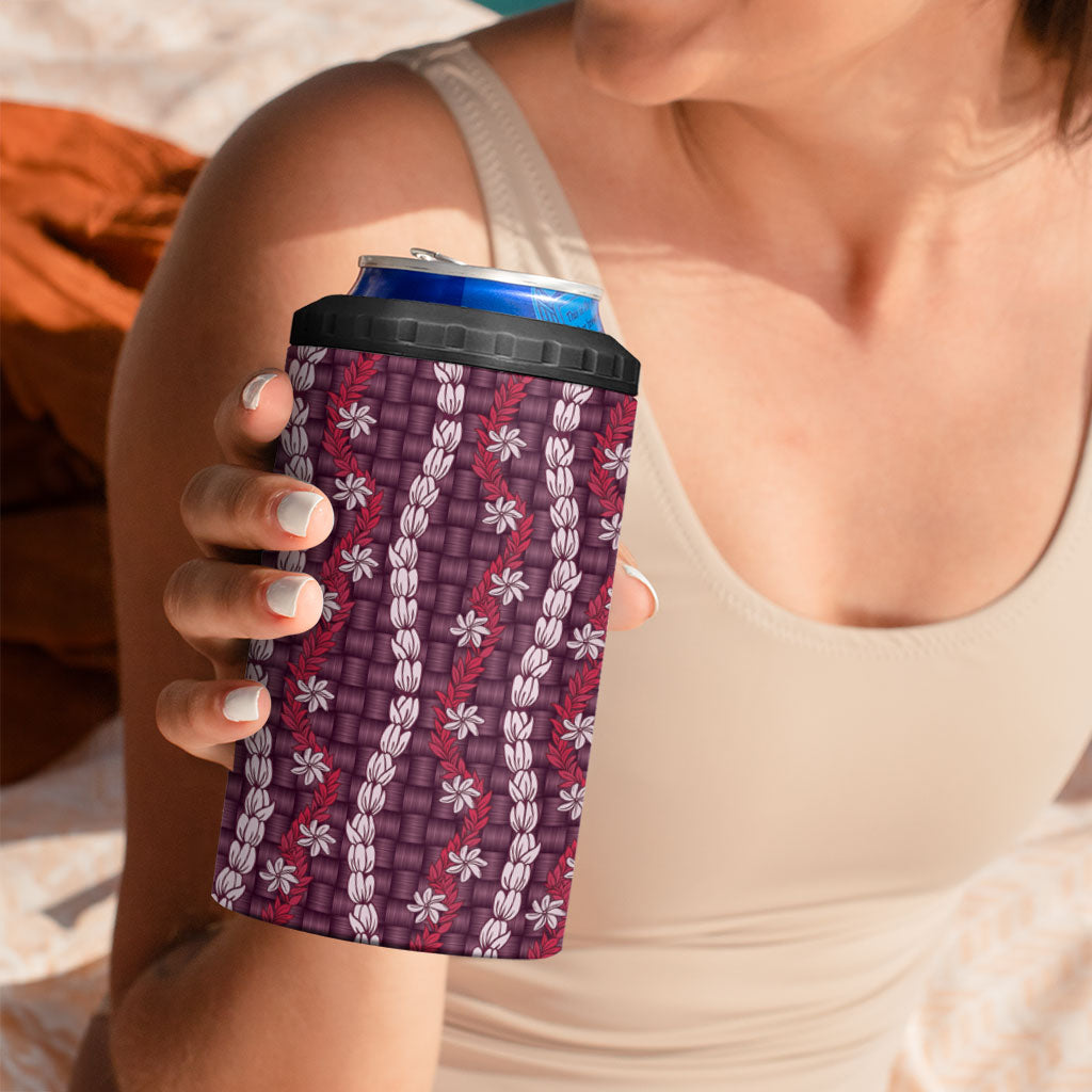 Pikake Maile Tiare Lei 4 in 1 Can Cooler Tumbler Akala Lauhala Pattern