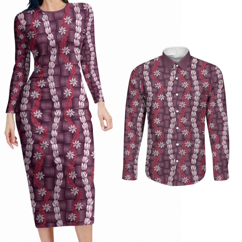 Pikake Maile Tiare Lei Couples Matching Long Sleeve Bodycon Dress and Long Sleeve Button Shirt Akala Lauhala Pattern LT01 Pink - Polynesian Pride