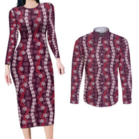 Pikake Maile Tiare Lei Couples Matching Long Sleeve Bodycon Dress and Long Sleeve Button Shirt Akala Lauhala Pattern