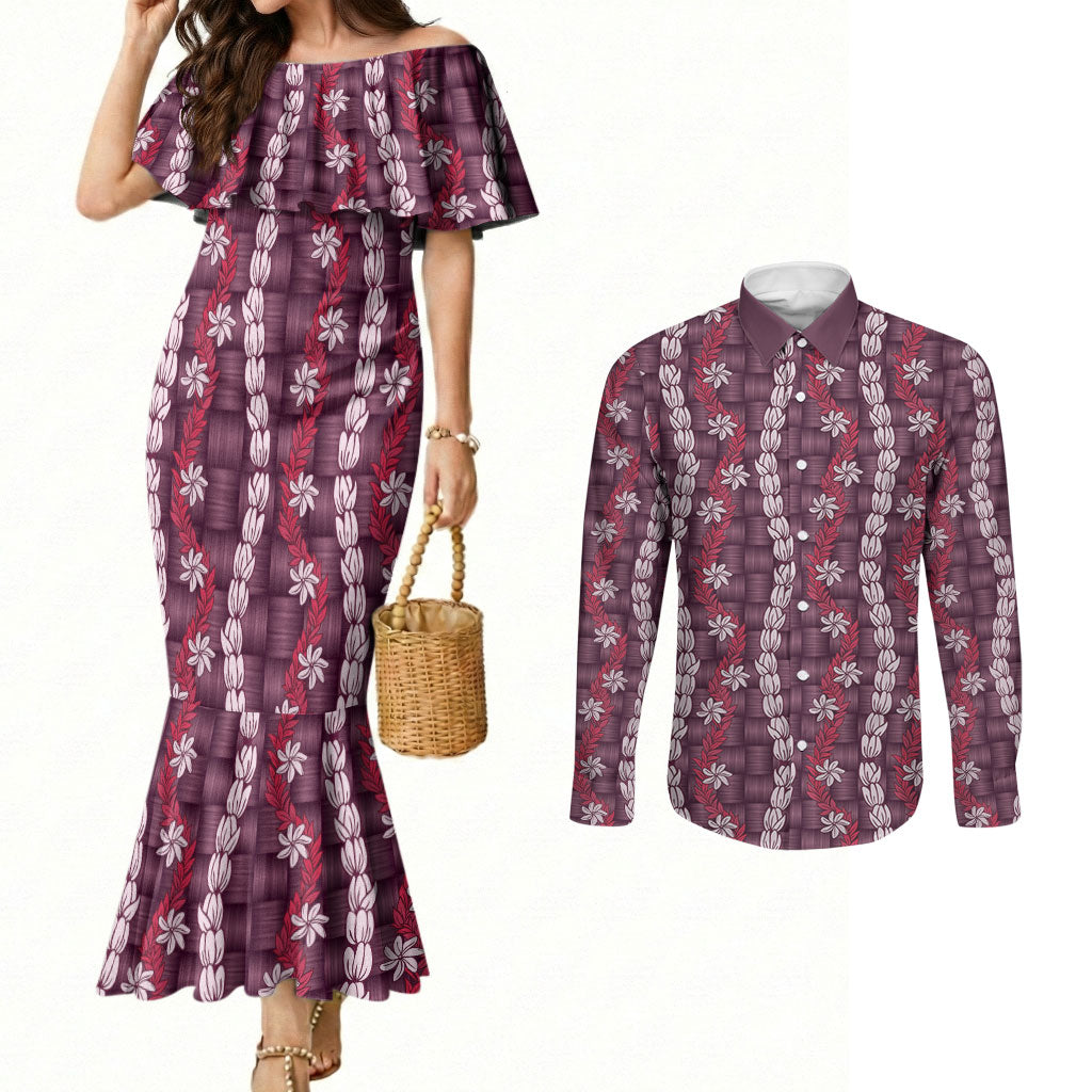 Pikake Maile Tiare Lei Couples Matching Mermaid Dress and Long Sleeve Button Shirt Akala Lauhala Pattern LT01 Pink - Polynesian Pride