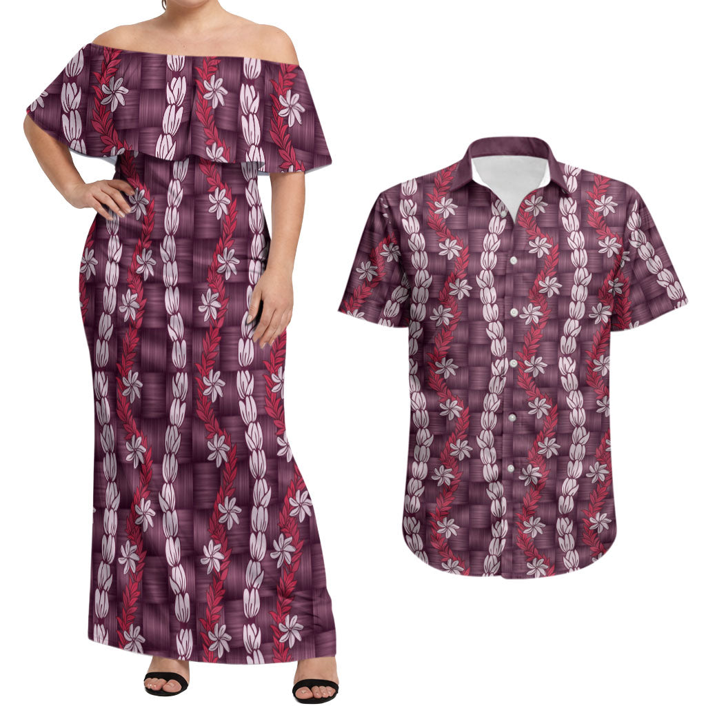 Pikake Maile Tiare Lei Couples Matching Off Shoulder Maxi Dress and Hawaiian Shirt Akala Lauhala Pattern LT01 Pink - Polynesian Pride