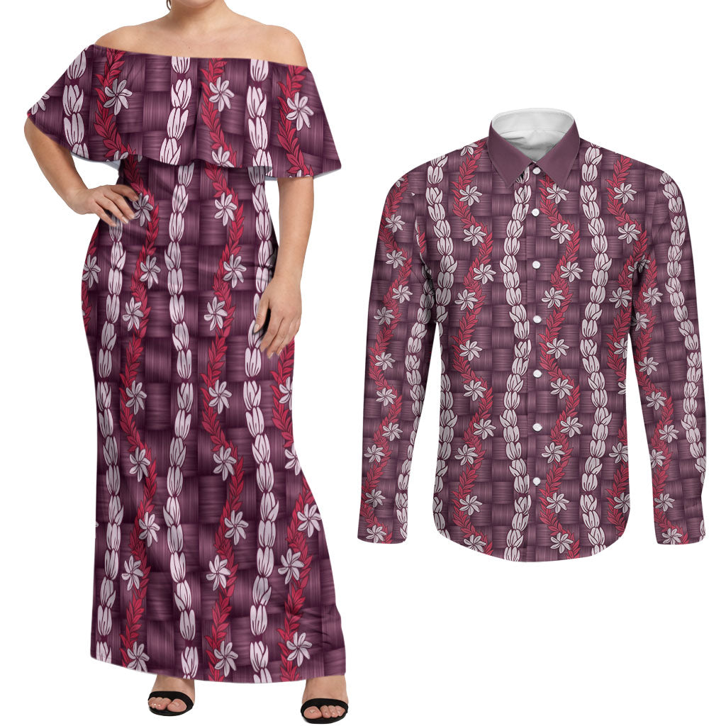 Pikake Maile Tiare Lei Couples Matching Off Shoulder Maxi Dress and Long Sleeve Button Shirt Akala Lauhala Pattern LT01 Pink - Polynesian Pride