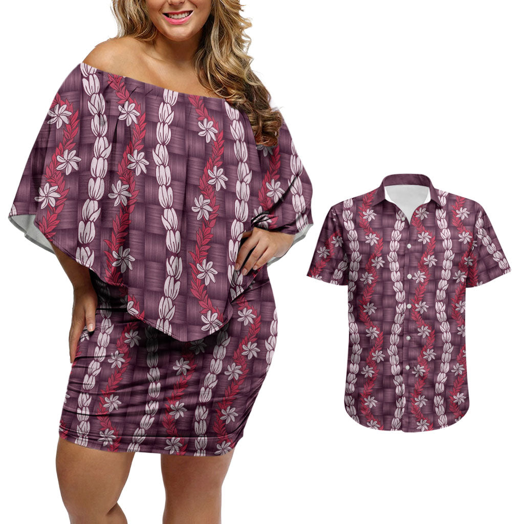 Pikake Maile Tiare Lei Couples Matching Off Shoulder Short Dress and Hawaiian Shirt Akala Lauhala Pattern LT01 Pink - Polynesian Pride