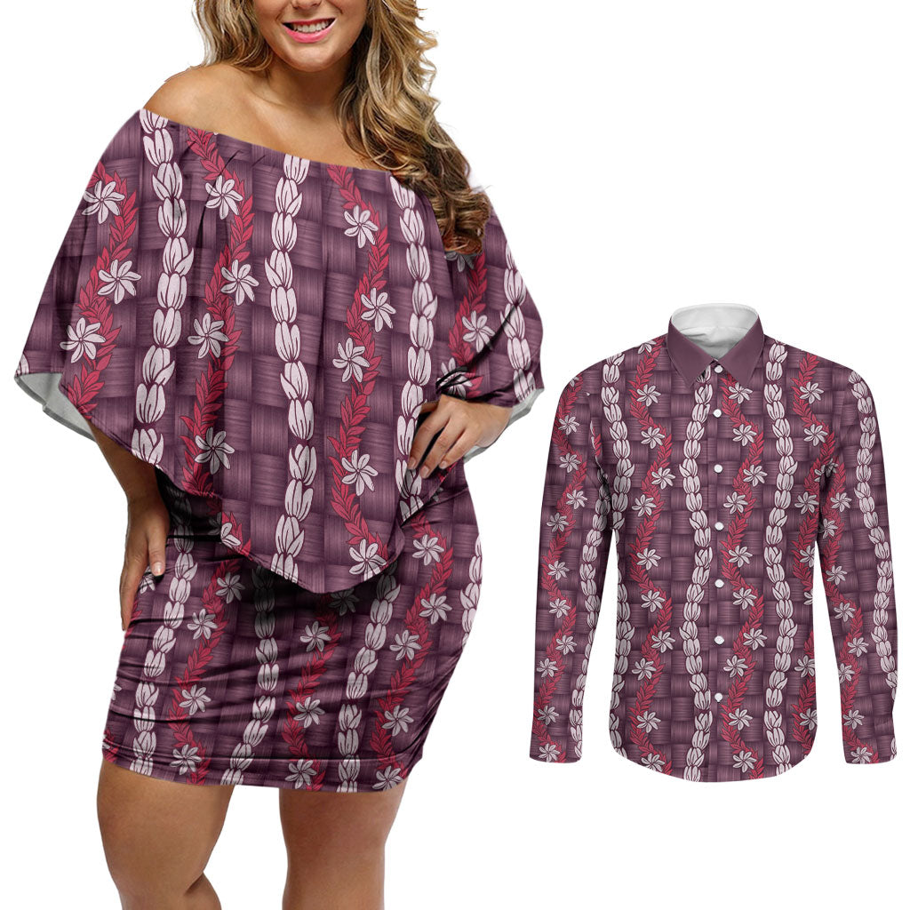 Pikake Maile Tiare Lei Couples Matching Off Shoulder Short Dress and Long Sleeve Button Shirt Akala Lauhala Pattern LT01 Pink - Polynesian Pride