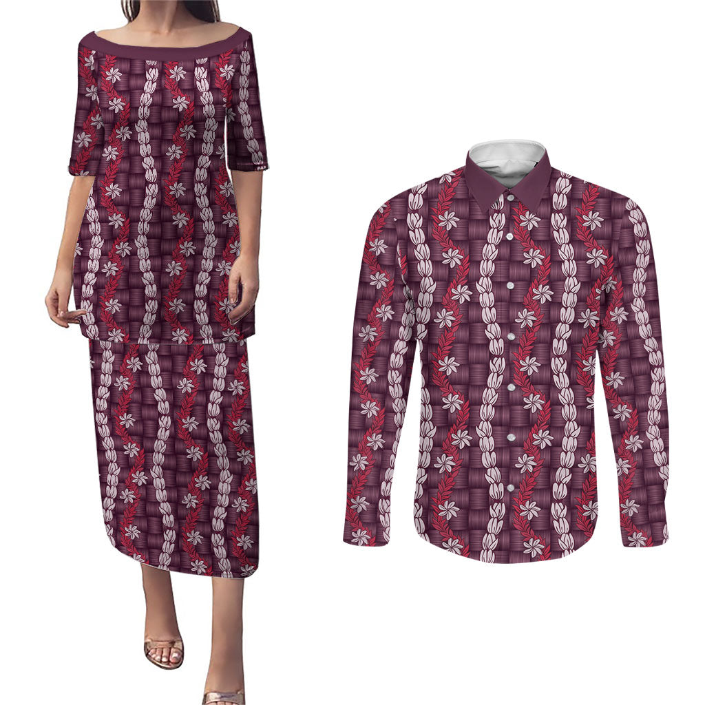 Pikake Maile Tiare Lei Couples Matching Puletasi and Long Sleeve Button Shirt Akala Lauhala Pattern
