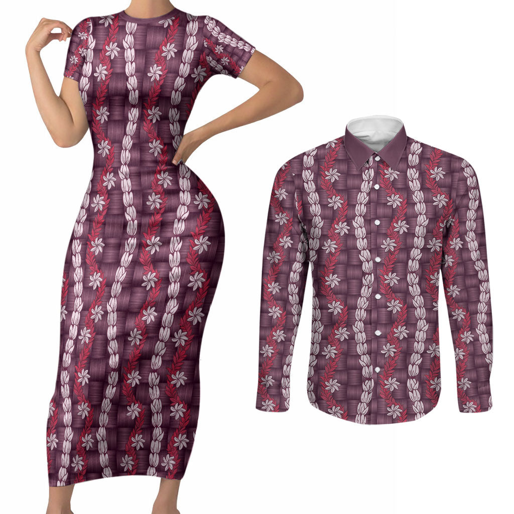 Pikake Maile Tiare Lei Couples Matching Short Sleeve Bodycon Dress and Long Sleeve Button Shirt Akala Lauhala Pattern LT01 Pink - Polynesian Pride