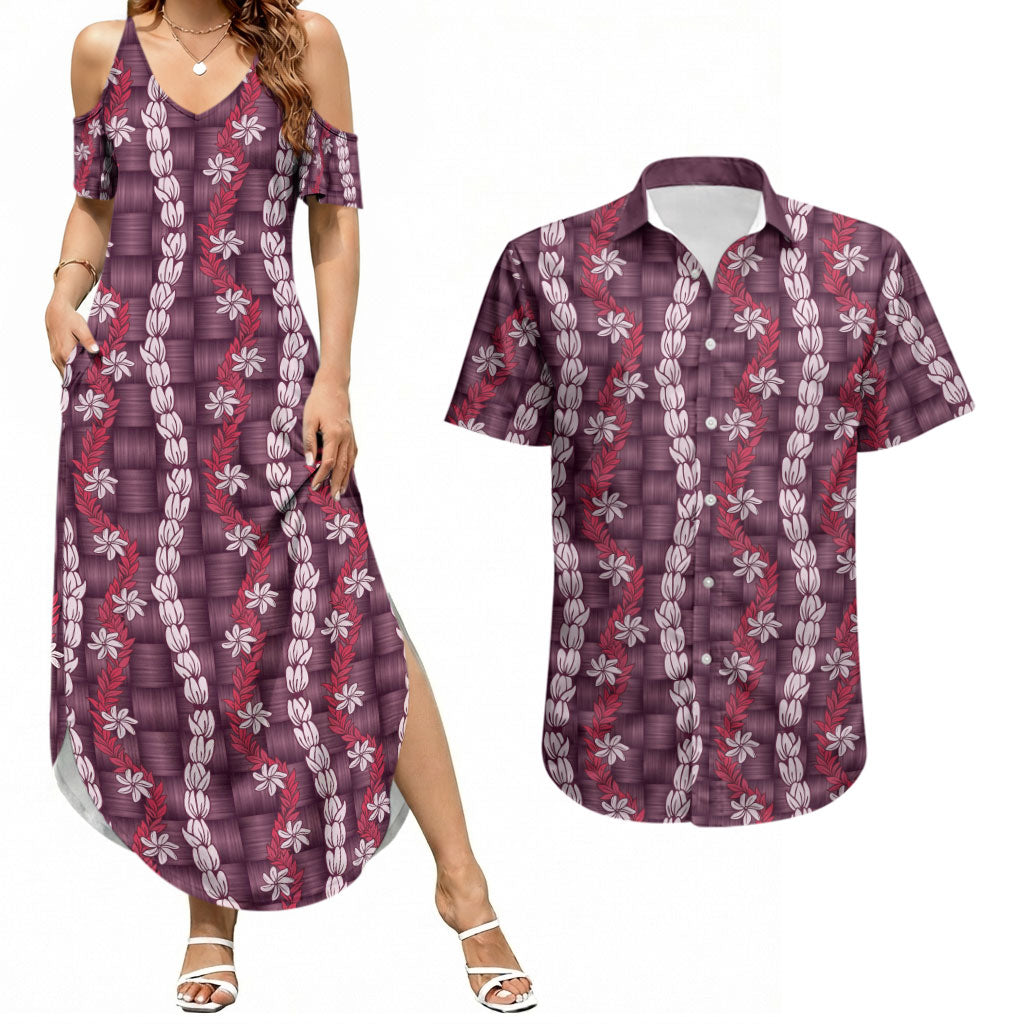 Pikake Maile Tiare Lei Couples Matching Summer Maxi Dress and Hawaiian Shirt Akala Lauhala Pattern LT01 Pink - Polynesian Pride