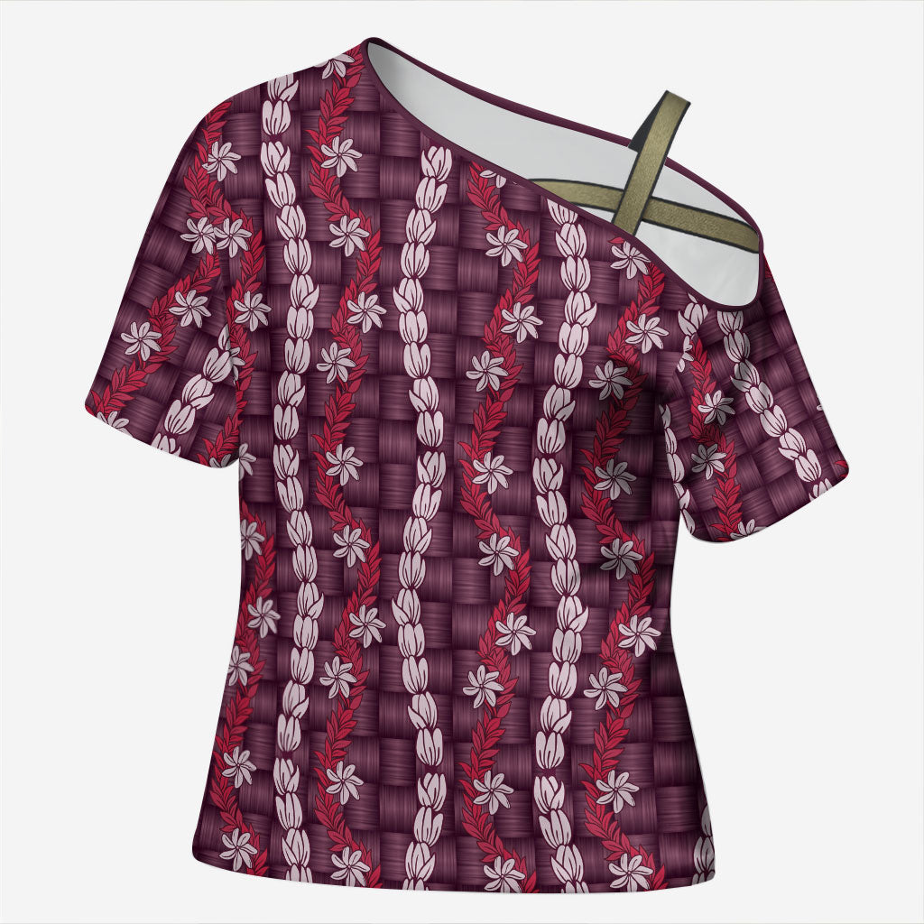Pikake Maile Tiare Lei Cross Shoulder Shirt Akala Lauhala Pattern LT01 Female Pink - Polynesian Pride