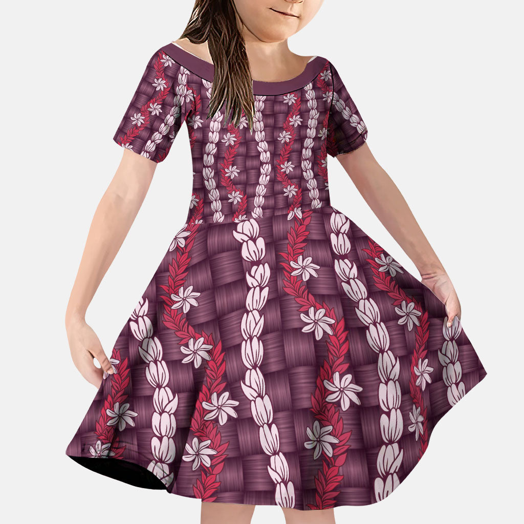 Pikake Maile Tiare Lei Family Matching Long Sleeve Bodycon Dress and Hawaiian Shirt Akala Lauhala Pattern LT01 Daughter's Dress Pink - Polynesian Pride