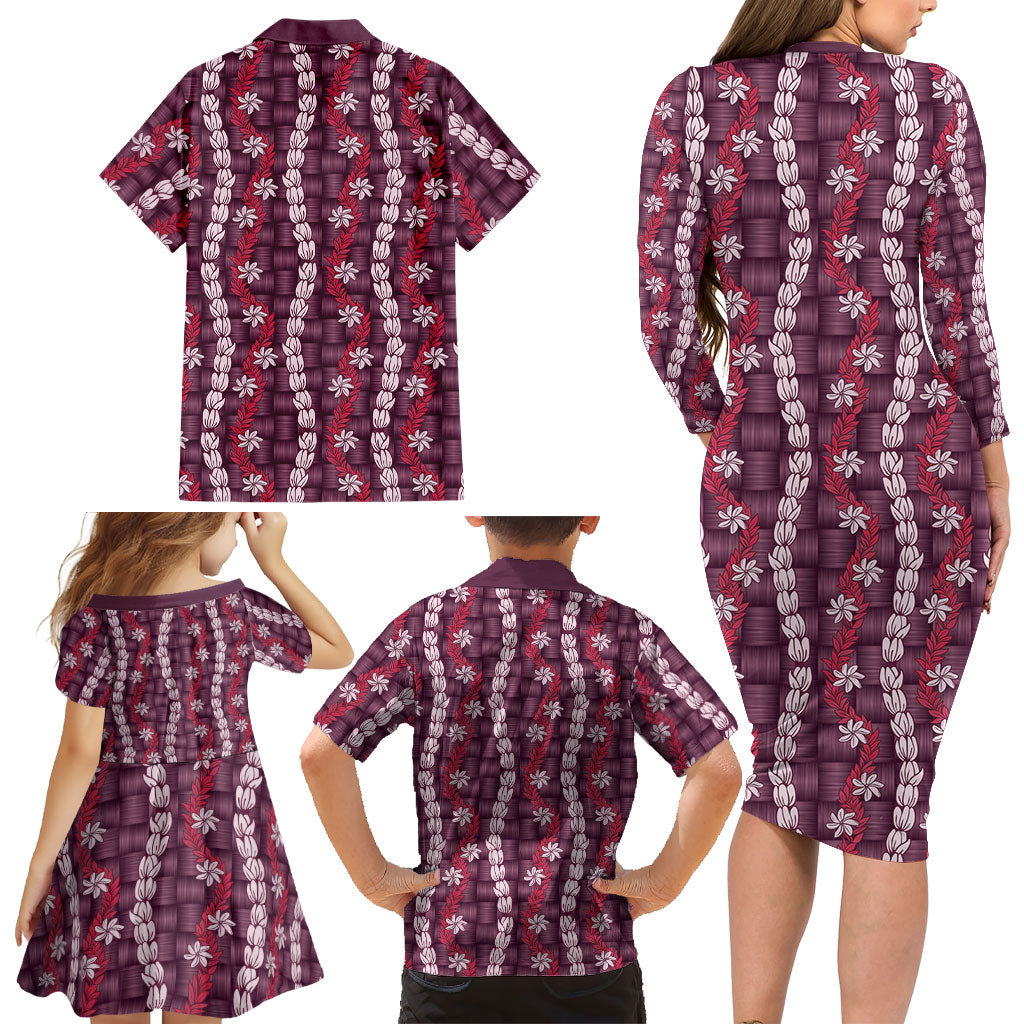 Pikake Maile Tiare Lei Family Matching Long Sleeve Bodycon Dress and Hawaiian Shirt Akala Lauhala Pattern LT01 - Polynesian Pride