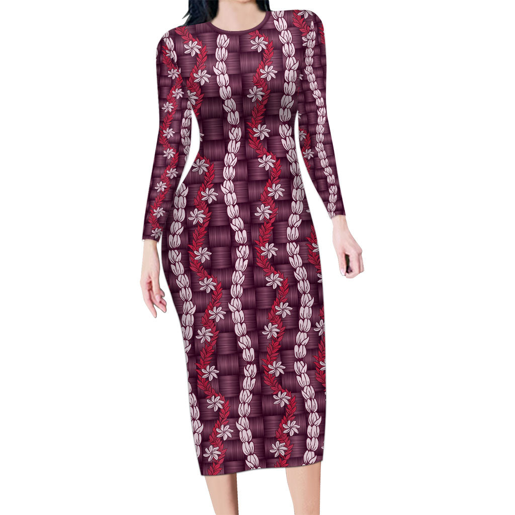 Pikake Maile Tiare Lei Family Matching Long Sleeve Bodycon Dress and Hawaiian Shirt Akala Lauhala Pattern LT01 Mom's Dress Pink - Polynesian Pride