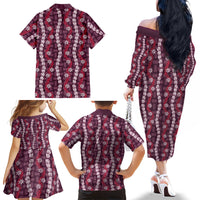 Pikake Maile Tiare Lei Family Matching Off The Shoulder Long Sleeve Dress and Hawaiian Shirt Akala Lauhala Pattern LT01 - Polynesian Pride