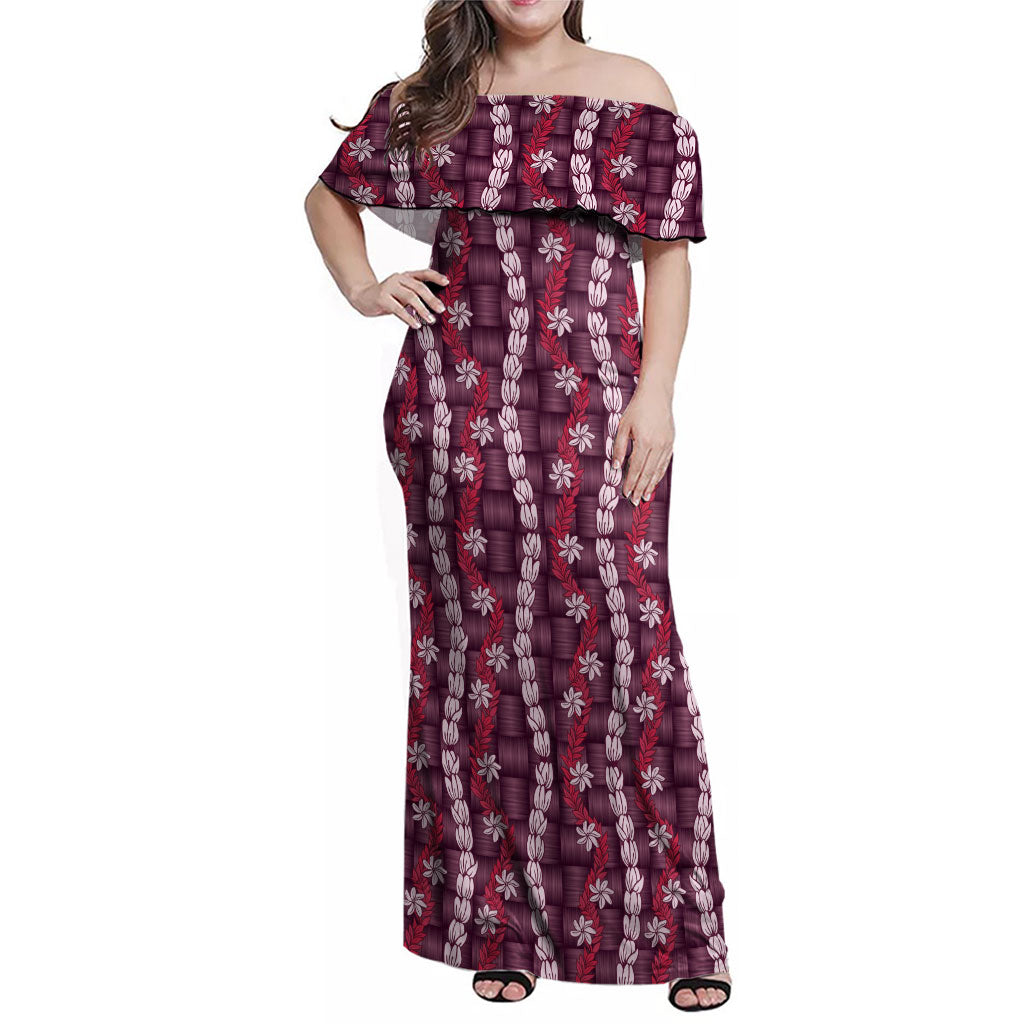 Pikake Maile Tiare Lei Family Matching Off Shoulder Maxi Dress and Hawaiian Shirt Akala Lauhala Pattern LT01 Mom's Dress Pink - Polynesian Pride