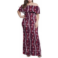 Pikake Maile Tiare Lei Family Matching Off Shoulder Maxi Dress and Hawaiian Shirt Akala Lauhala Pattern LT01 Mom's Dress Pink - Polynesian Pride
