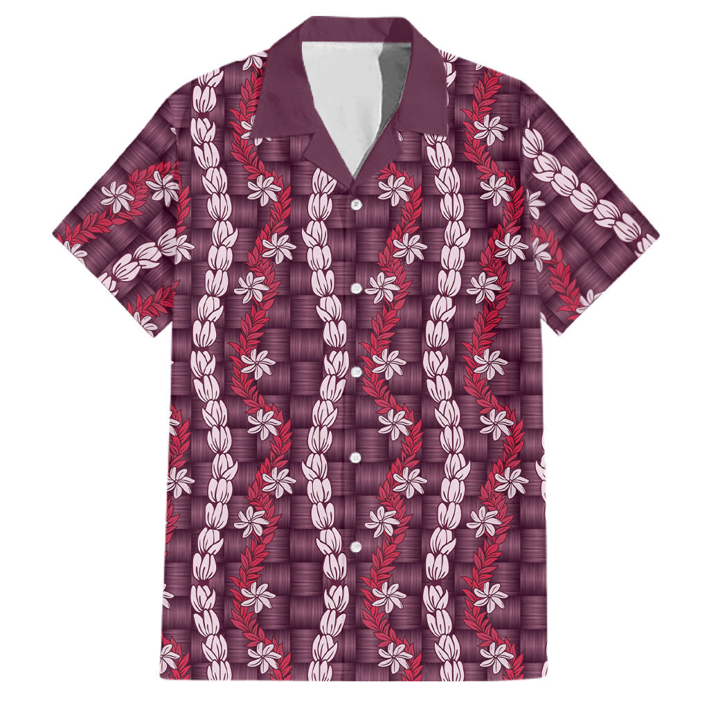Pikake Maile Tiare Lei Family Matching Off Shoulder Short Dress and Hawaiian Shirt Akala Lauhala Pattern LT01 Dad's Shirt - Short Sleeve Pink - Polynesian Pride
