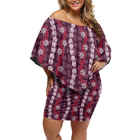 Pikake Maile Tiare Lei Family Matching Off Shoulder Short Dress and Hawaiian Shirt Akala Lauhala Pattern LT01 Mom's Dress Pink - Polynesian Pride