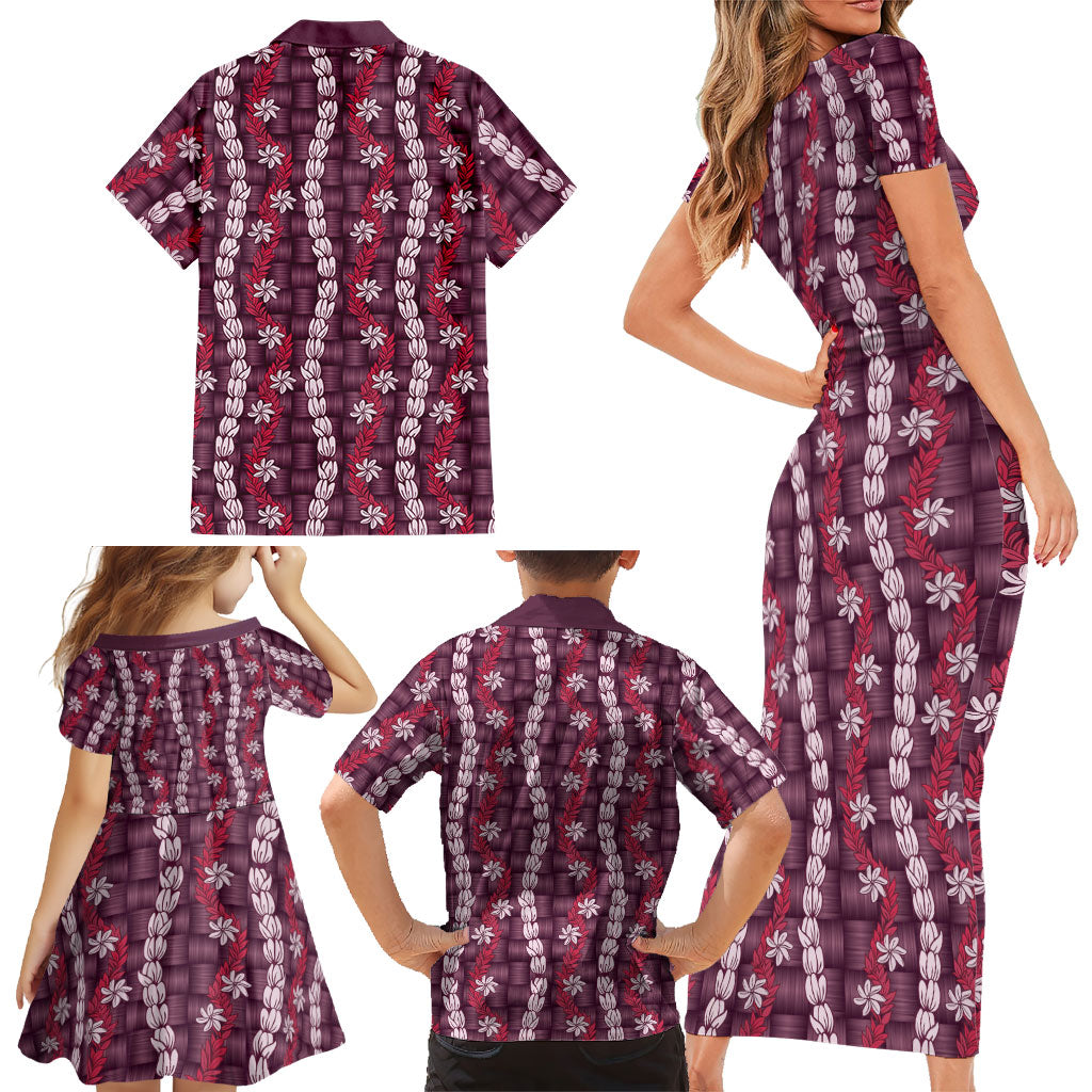 Pikake Maile Tiare Lei Family Matching Short Sleeve Bodycon Dress and Hawaiian Shirt Akala Lauhala Pattern LT01 - Polynesian Pride