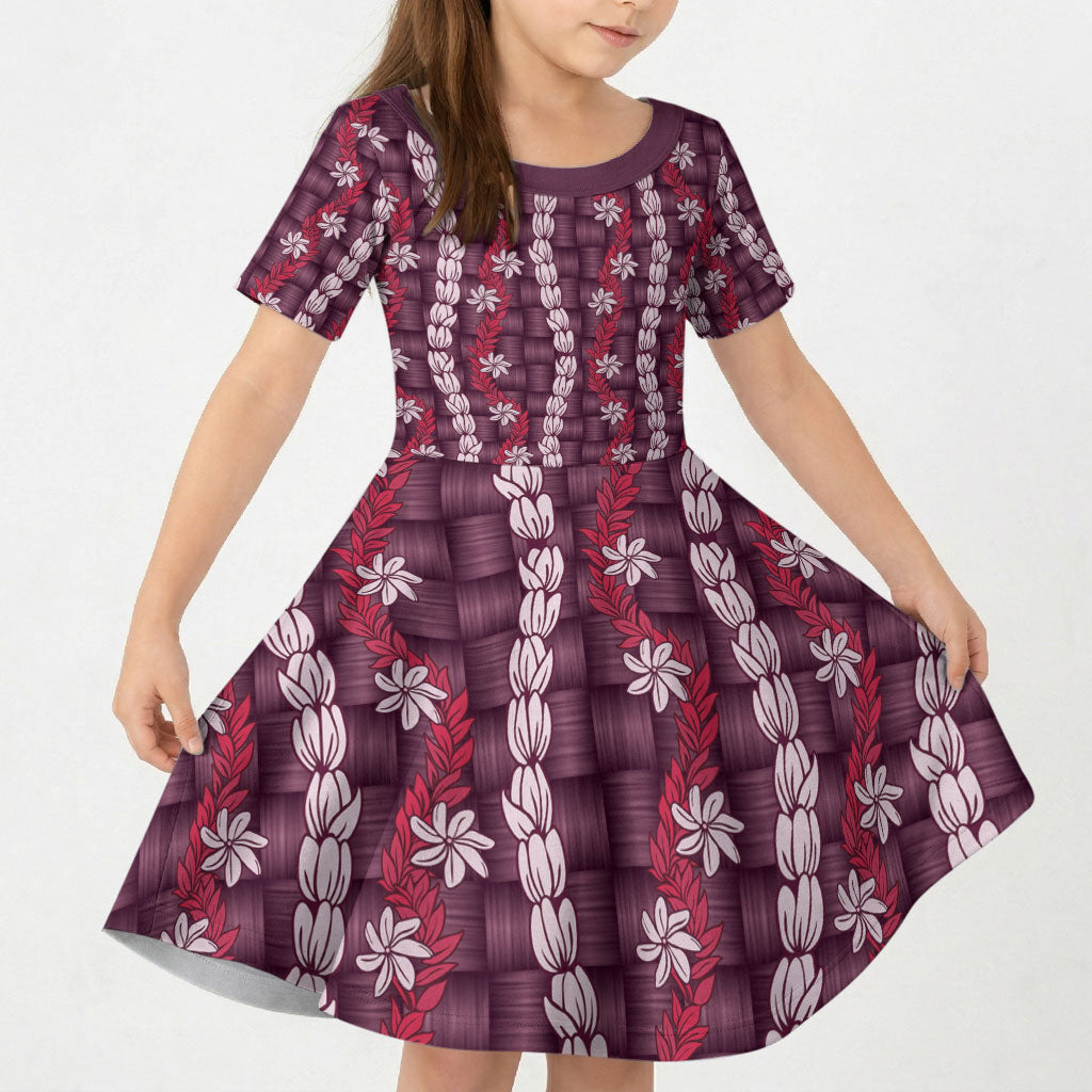Pikake Maile Tiare Lei Kid Short Sleeve Dress Akala Lauhala Pattern LT01 KID Pink - Polynesian Pride