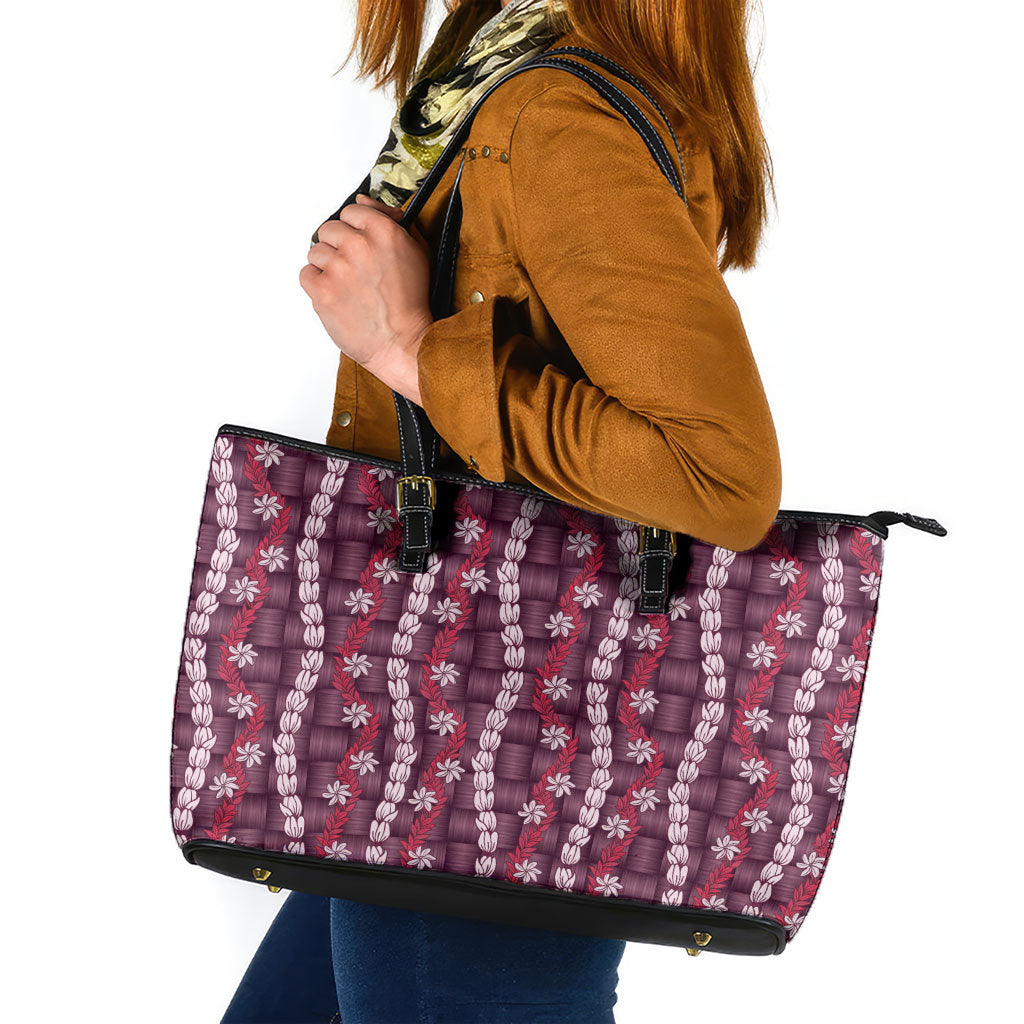 Pikake Maile Tiare Lei Leather Tote Bag Akala Lauhala Pattern LT01 Pink - Polynesian Pride