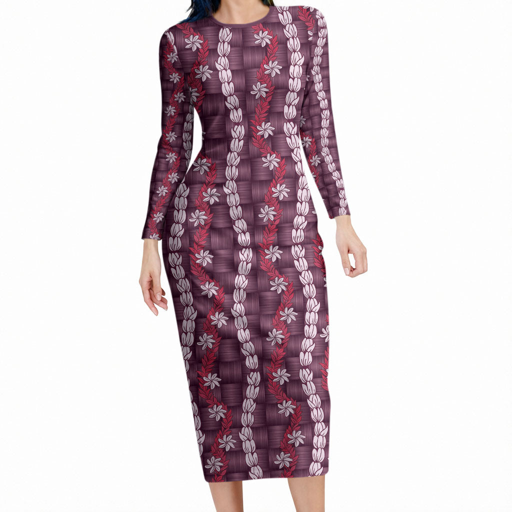 Pikake Maile Tiare Lei Long Sleeve Bodycon Dress Akala Lauhala Pattern LT01 Long Dress Pink - Polynesian Pride