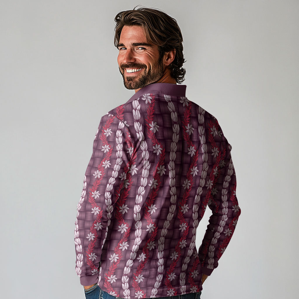 Pikake Maile Tiare Lei Long Sleeve Polo Shirt Akala Lauhala Pattern