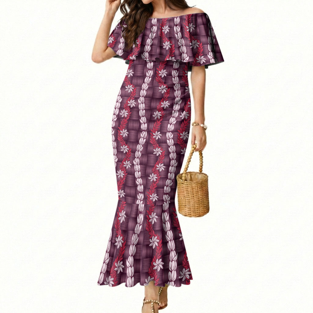 Pikake Maile Tiare Lei Mermaid Dress Akala Lauhala Pattern LT01 Women Pink - Polynesian Pride