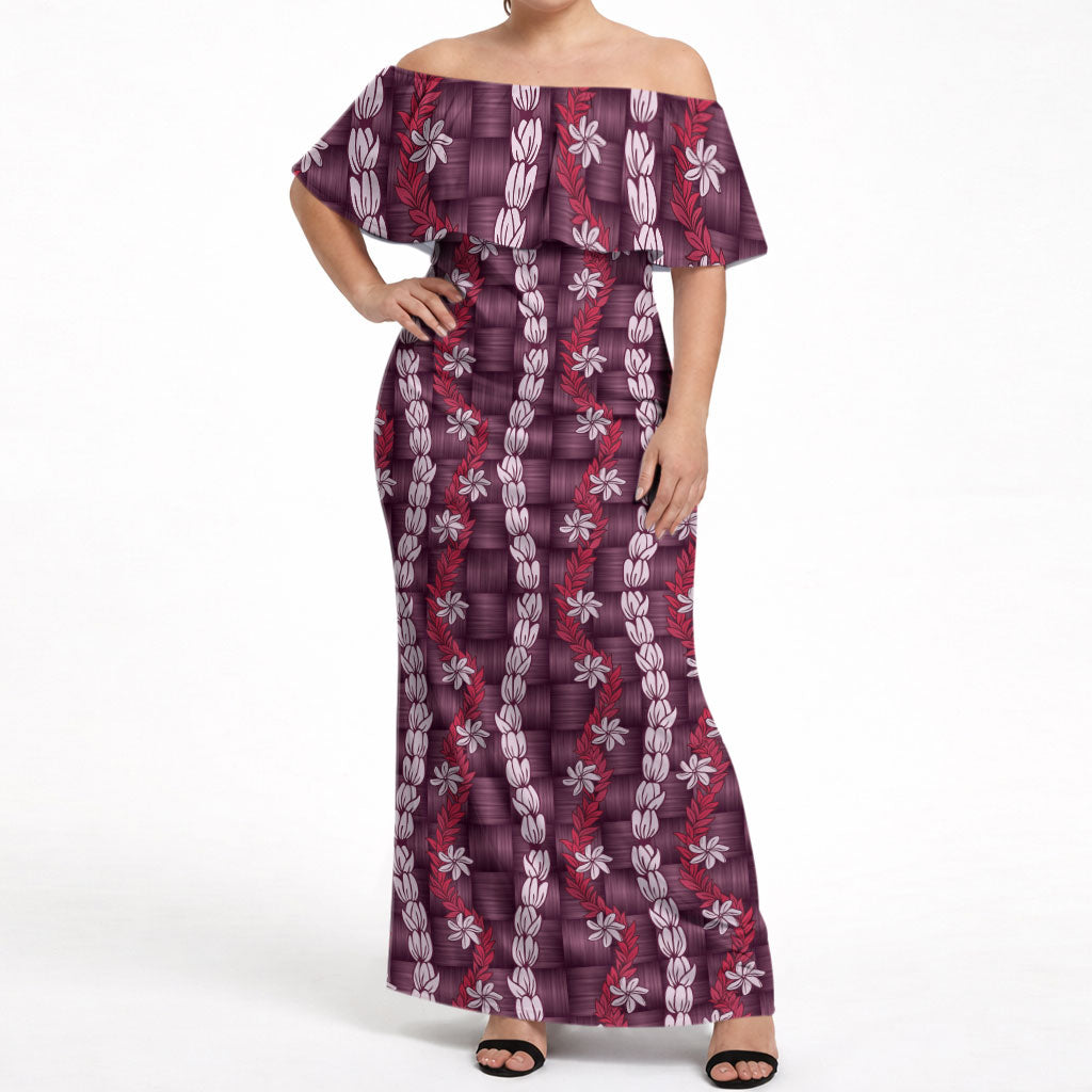 Pikake Maile Tiare Lei Off Shoulder Maxi Dress Akala Lauhala Pattern LT01 Women Pink - Polynesian Pride