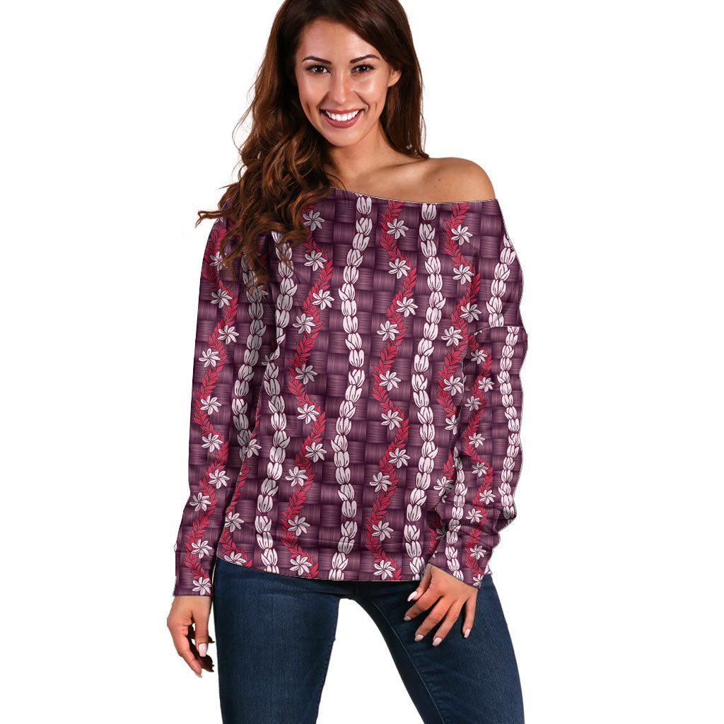 Pikake Maile Tiare Lei Off Shoulder Sweater Akala Lauhala Pattern LT01 Women Pink - Polynesian Pride