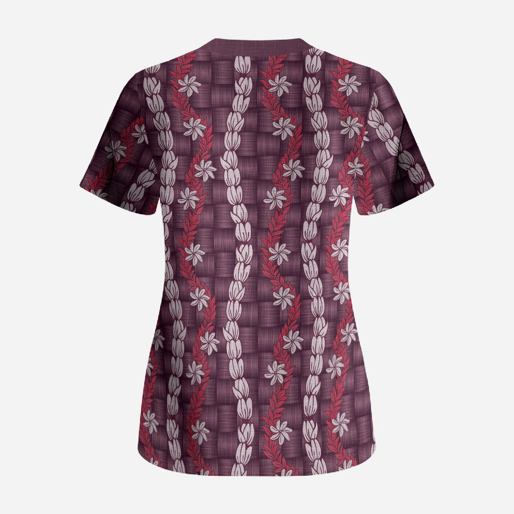 Pikake Maile Tiare Lei Scrub Top Akala Lauhala Pattern
