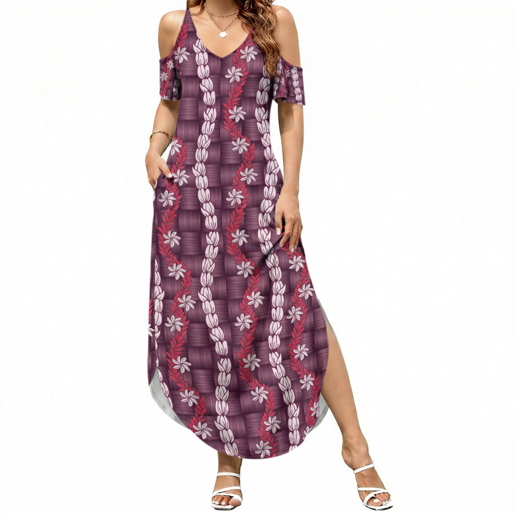 Pikake Maile Tiare Lei Summer Maxi Dress Akala Lauhala Pattern LT01 Women Pink - Polynesian Pride