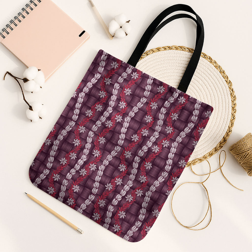 Pikake Maile Tiare Lei Tote Bag Akala Lauhala Pattern LT01 Black Strap One Size Pink - Polynesian Pride