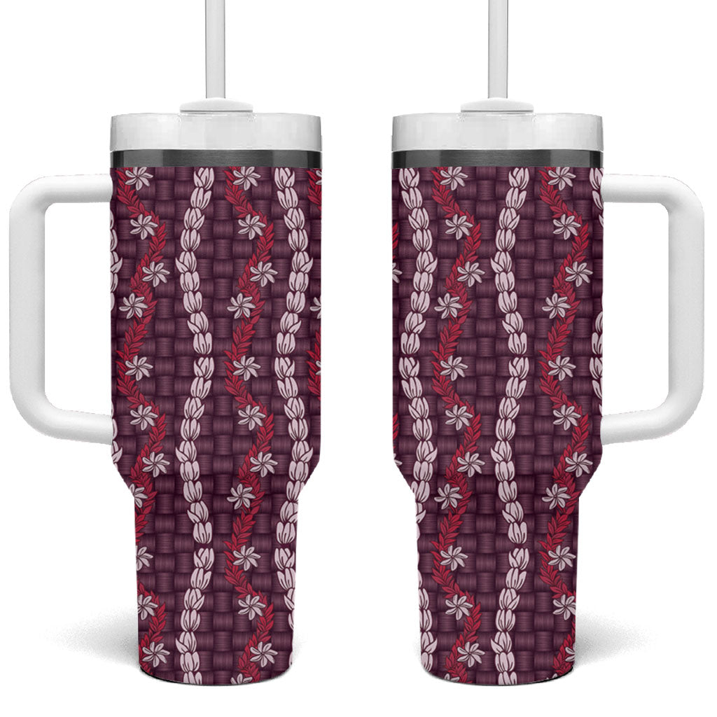 Pikake Maile Tiare Lei Tumbler With Handle Akala Lauhala Pattern LT01 One Size: 40 oz Pink - Polynesian Pride