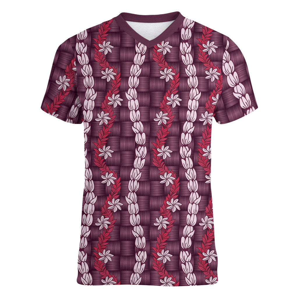 Pikake Maile Tiare Lei Women V-Neck T-Shirt Akala Lauhala Pattern LT01 Female Pink - Polynesian Pride