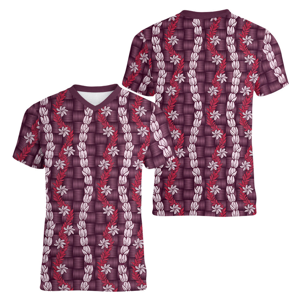 Pikake Maile Tiare Lei Women V-Neck T-Shirt Akala Lauhala Pattern